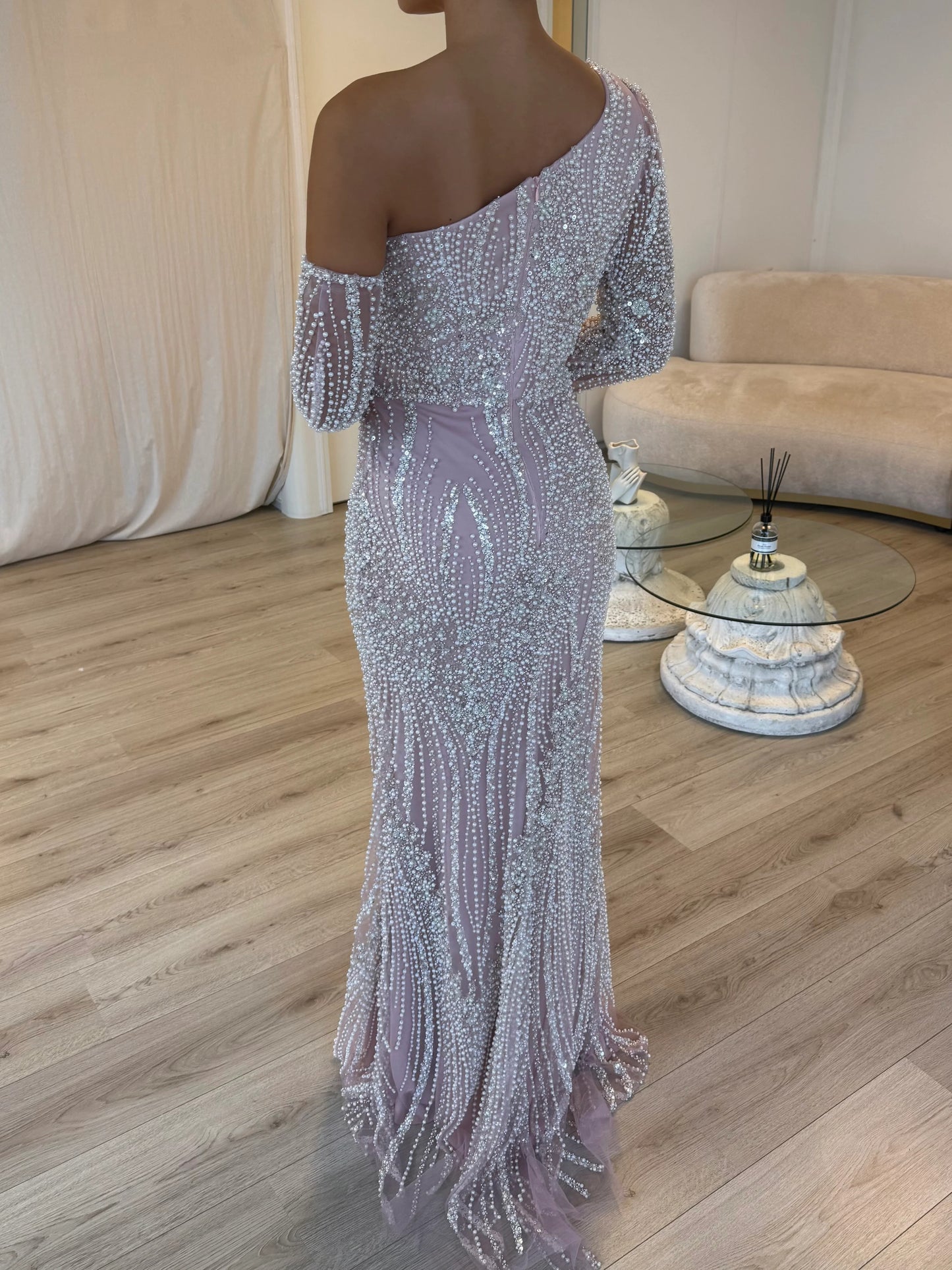 One Shoulder Lace Sequins Long Sleeve Mermaid Evening Dress Floor-Length
