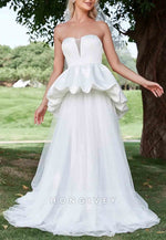 Ruffle Trim Strapless A-Line Tulle Mesh Overlay Satin Tube Wedding Dress