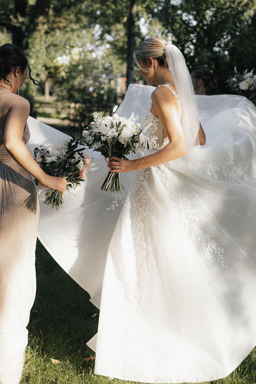 A Line Boat Neck Satin Long Wedding Dress with Appliques