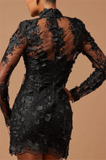 Stunning Black High Neck Long Sleeves Short Prom Dress With Flower Appliques