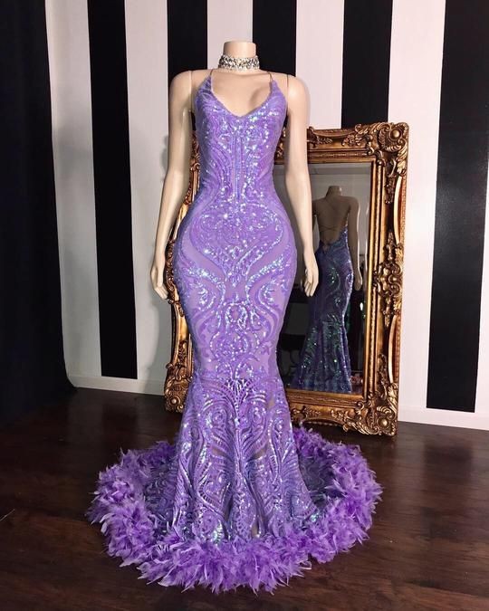 Gorgeous Halter Mermaid Sleeveless Sequins Lace Prom Dress With Feather