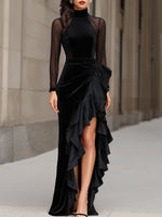 Velvet Evening Dress With Sheer Sleeves And Cascading Ruffle Slit