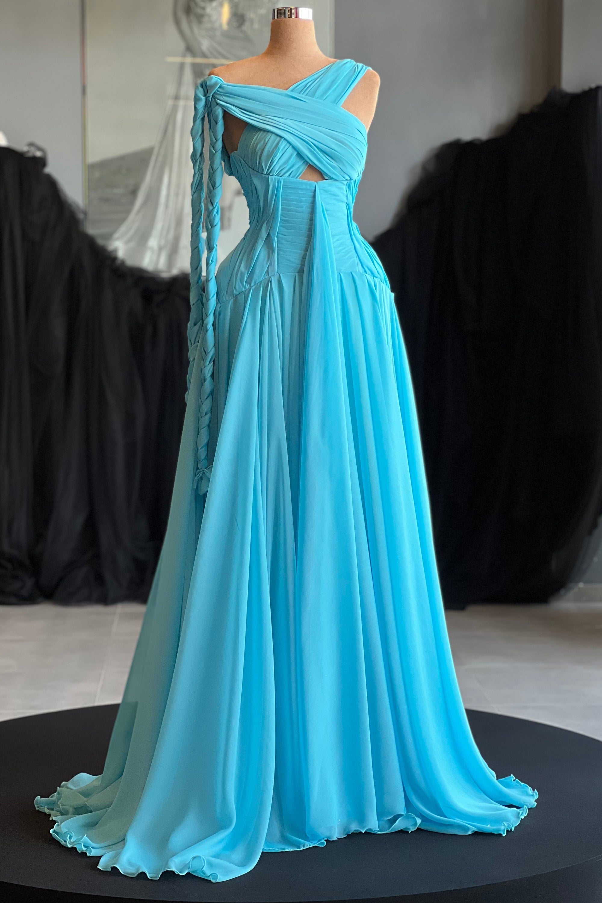 Ocean Blue A-Line Floor-Length Cross-Neck Lace-Up Prom Dresses