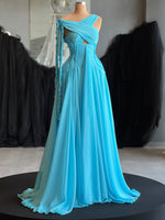 Ocean Blue A-Line Floor-Length Cross-Neck Lace-Up Prom Dresses