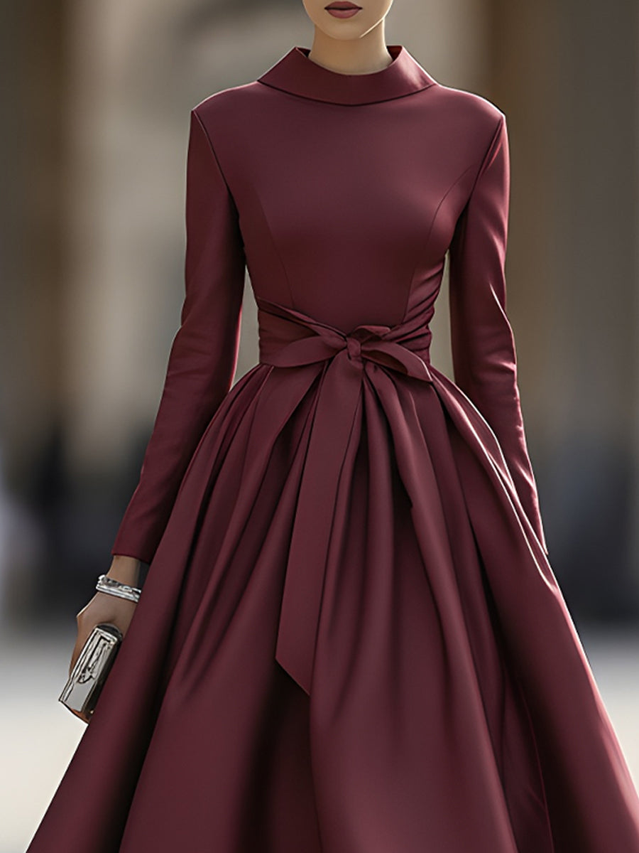 Burgundy High Neck Bow Detail Evening Dress