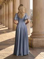 V-Neck Illusion Pleated Satin Floor-Length Mother of the Bride Dresses with Sequins