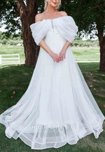 Floor-Length Off the Shoulder A-Line Tulle Shawl Wedding Dress
