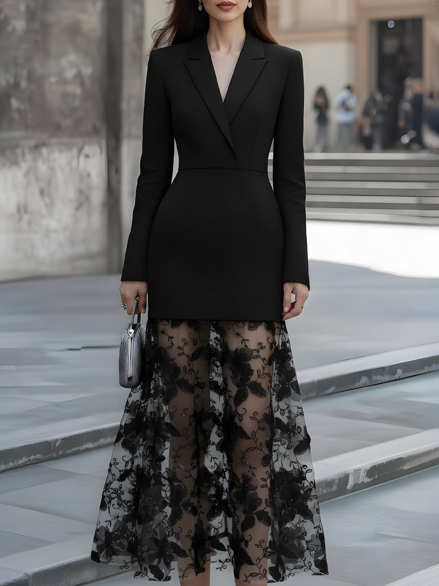 Blazer-Style V-Neck Dress With Embroidered Sheer Lace Skirt