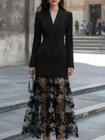 Blazer-Style V-Neck Dress With Embroidered Sheer Lace Skirt