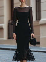 Elegant Black Mesh Sleeve Lace Mermaid Midi Dress
