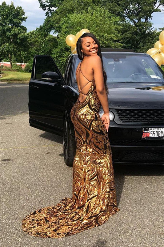 Modern Halter Sleeveless Gold Sequins Prom Dress Mermaid With Strings Back