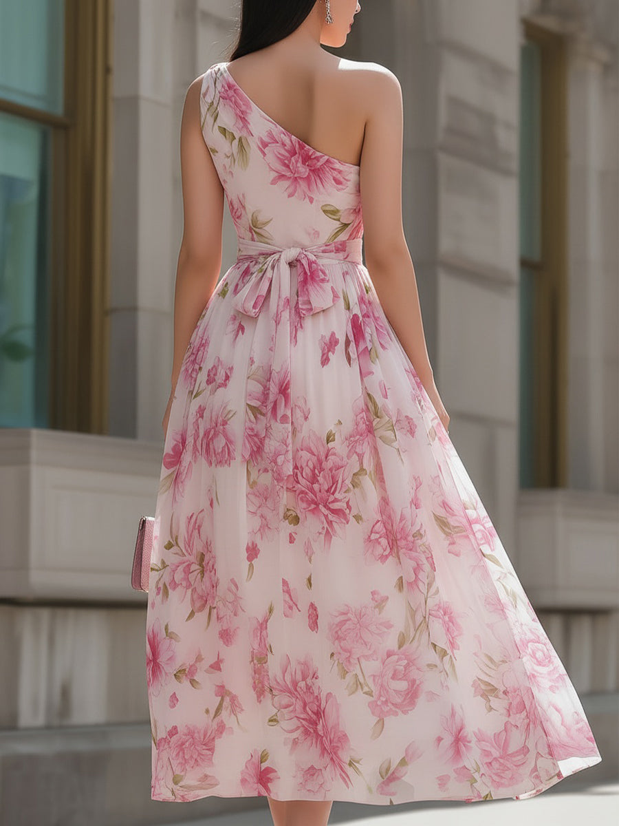 Pink Floral One-Shoulder Chiffon Sleeveless A-Line Wedding guest Dress