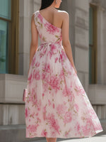 Pink Floral One-Shoulder Chiffon Sleeveless A-Line Wedding guest Dress