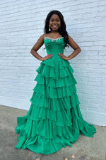 A Line Scoop Neck Green Chiffon Tiered Prom Dress with Beading