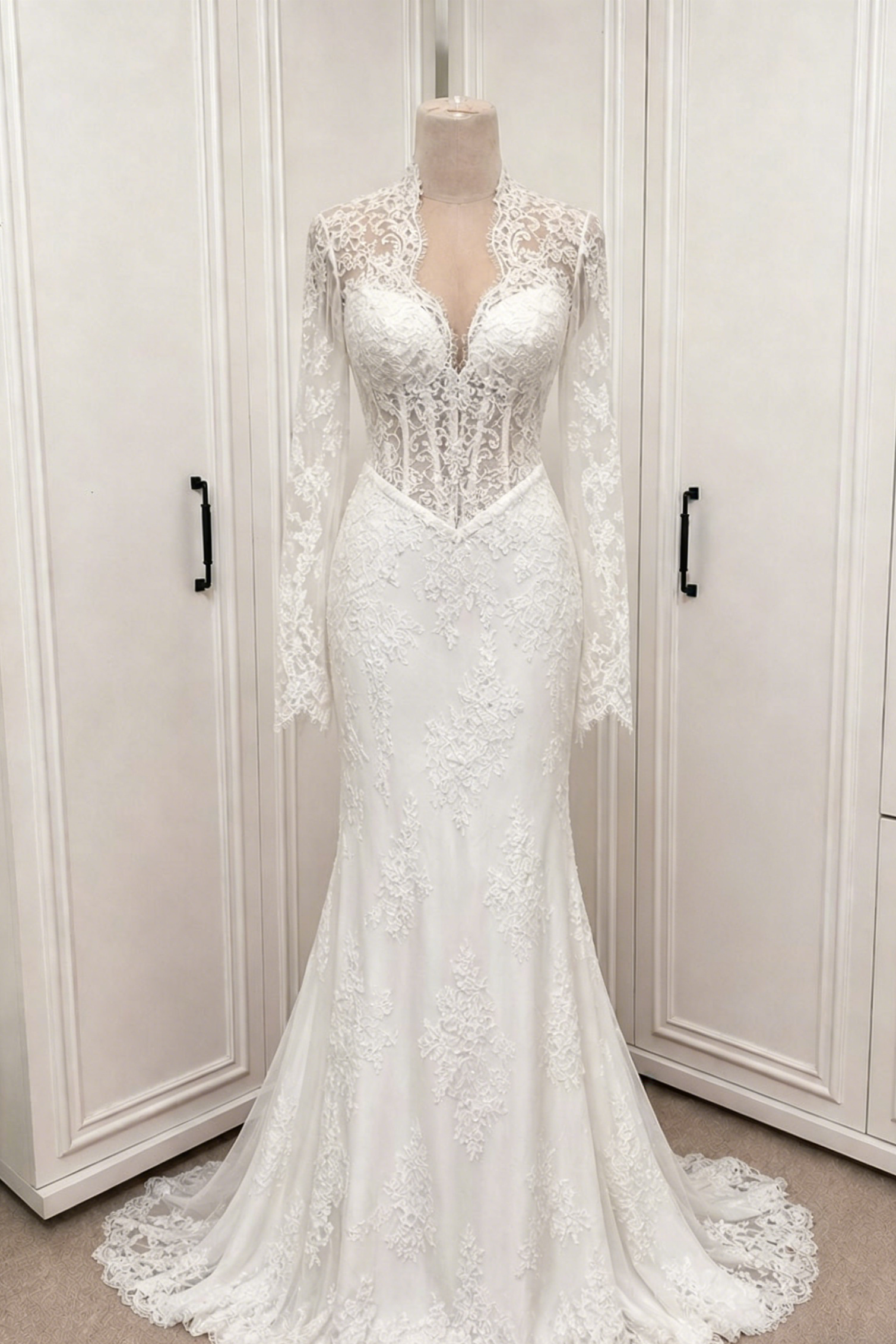Lace Long Sleeve Applique Mermaid Floor-Length Wedding Dress