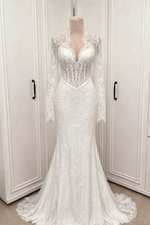 Lace Long Sleeve Applique Mermaid Floor-Length Wedding Dress
