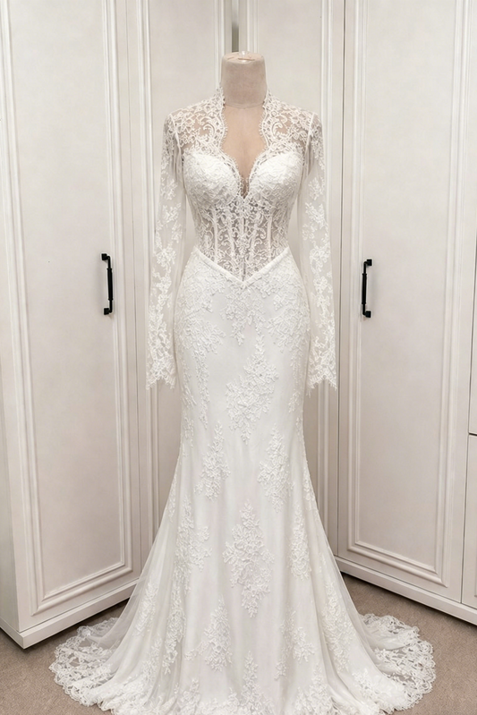 Lace Long Sleeve Applique Mermaid Floor-Length Wedding Dress