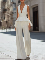 Deep V-Neck Peplum Wide-Leg Tailored Jumpsuit