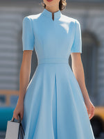 Sky Blue High Neck Short Sleeve Pleated Fit-and-Flare Midi Dress