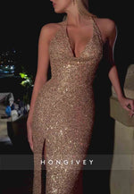 Trumpet Tie Back Sequined High Slit V-Neck Floor-Length Halter Prom Dresses