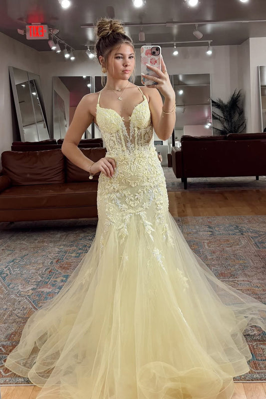 Cute Mermaid Sweetheart Daffodil Tulle Long Prom Dress with Appliques