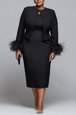 Plus Size Cocktail Party Black Round Neck Long Sleeve Feather Elegant Two Piece Dress Set [Pre-Order]