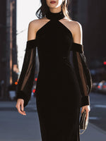 Black Velvet Halter Neck Off-Shoulder Mesh-Sleeve Mermaid Evening Gowns