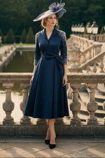 A Line V Neck Beadeed 3/4 Sleeves Navy Short Mother of the Bride Dress
