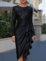 Sequin Bodice Long-Sleeve Evening Dress With Cascading Ruffle Skirt