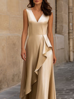 Elegant Satin V-Neck Maxi Dress With Asymmetric Ruffle