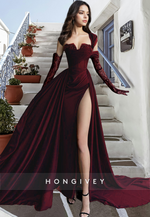 HONGIVEY Applique Long Sleeves A-Line Evening Dress with Side Slit Elegant Prom Gown