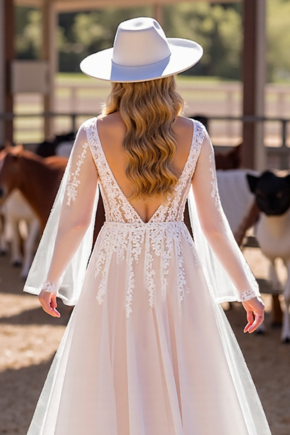 V-Neck Long Sleeves Tulle A-Line Bridal Dress With Appliques Open Back