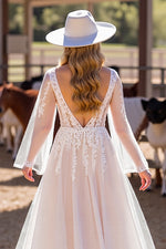 V-Neck Long Sleeves Tulle A-Line Bridal Dress With Appliques Open Back
