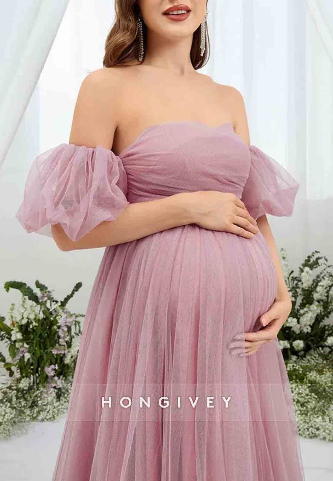 Maternity Sweetheart Off the Shoulder Puff Sleeve Mesh Overlay Wedding Dress