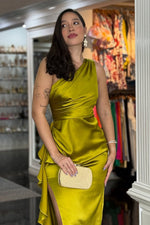 Sheath One Shoulder Silk Satin Long Prom Dresses with Ruffle Slit