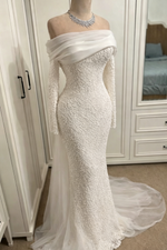 Off the Shoulder Sheath Long Sleeves Low Back Wedding Dresses with Beading