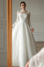Long Sleeve Beaded Lace Ball Gown Wedding Dress