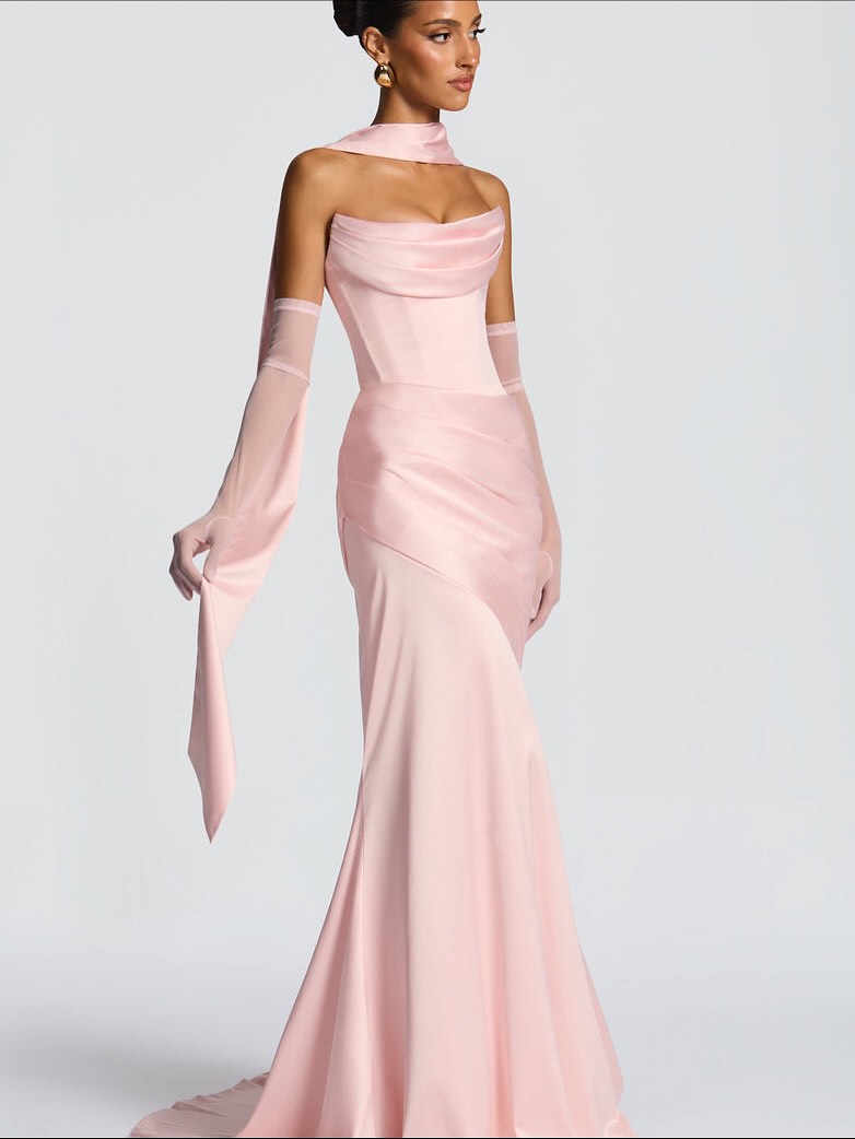 Simple Pink Strapless Mermaid Prom Dress Floor-Lenght