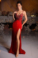 Spaghetti Straps Sequins Sparkle Sleevless Mermaid Side Slit Prom Dress