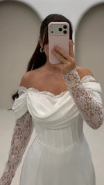 Off the Shoulder Lace Long Sleeve A-Line Floor-Length Evening Dress
