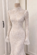 Lace High Neck Long Sleeve Mermaid Floor-Length Wedding Dress