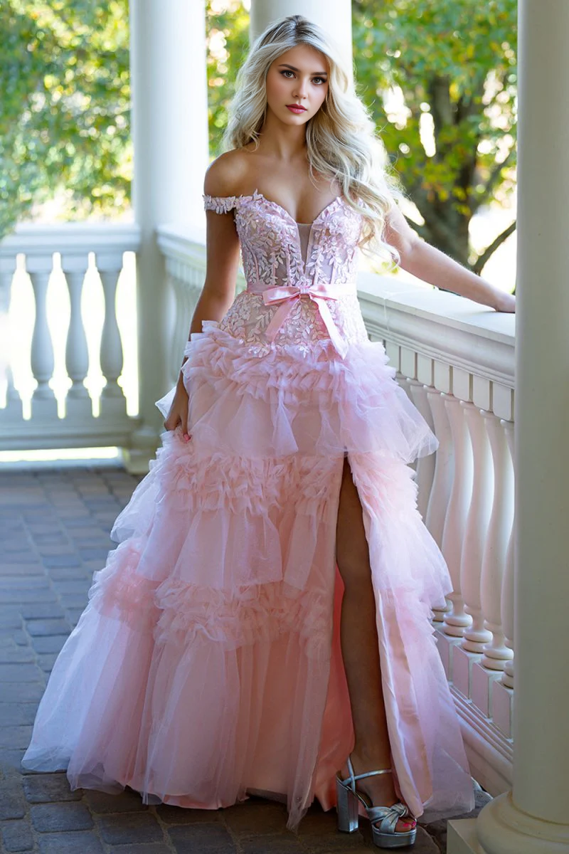 Luxury Pink Tulle A Line Off the Shoulder Deep Sleeveless Lace Applique Tiers Ruffles with Bow Long Prom Dress