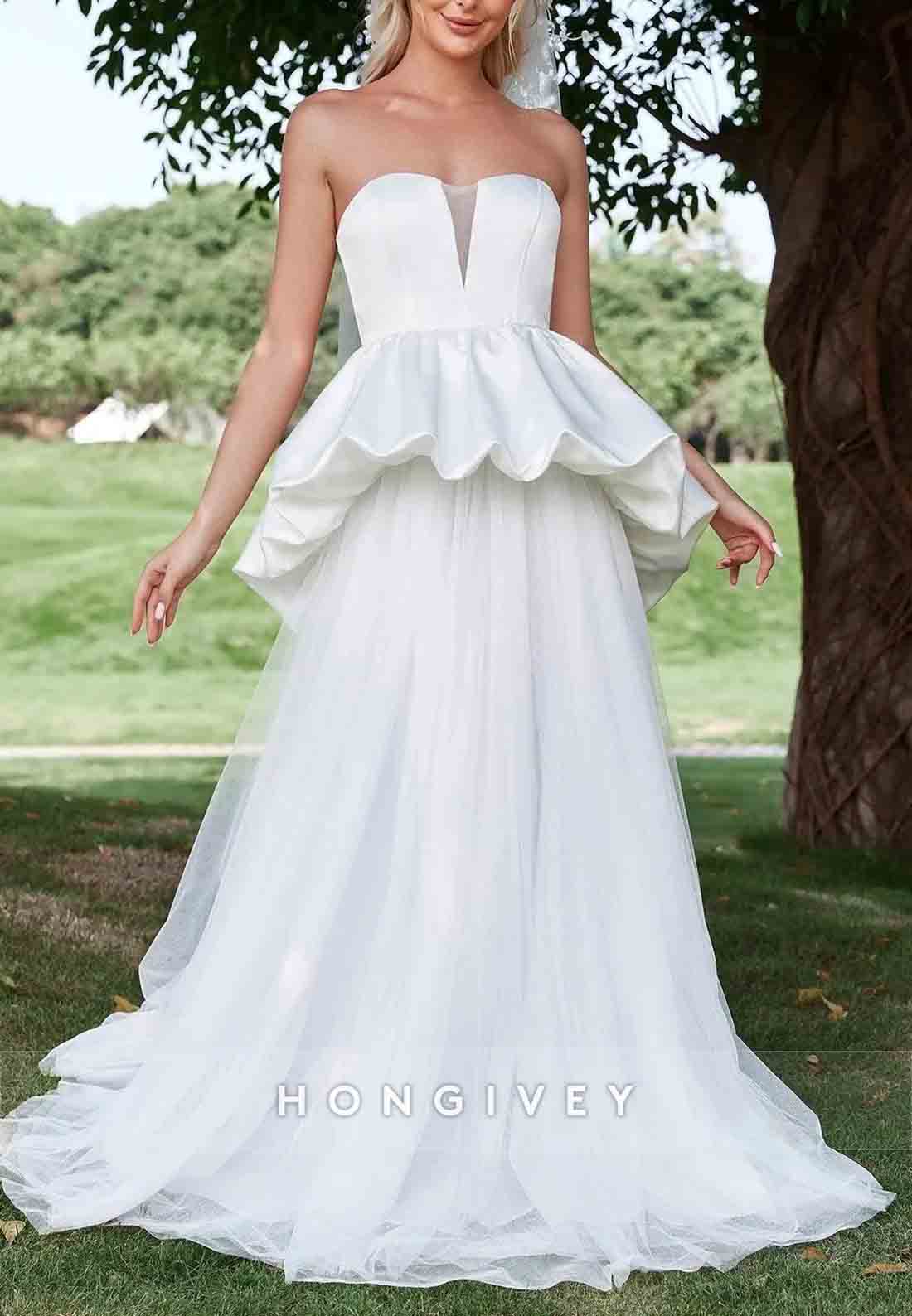 Ruffle Trim Strapless A-Line Tulle Mesh Overlay Satin Tube Wedding Dress