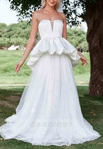 Ruffle Trim Strapless A-Line Tulle Mesh Overlay Satin Tube Wedding Dress
