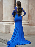 Royal Blue High Neck Mermaid Long Sleeves Split Prom Dress With Appliques
