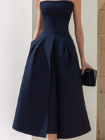 Strapless Structured A-Line Pleated Midi Dress