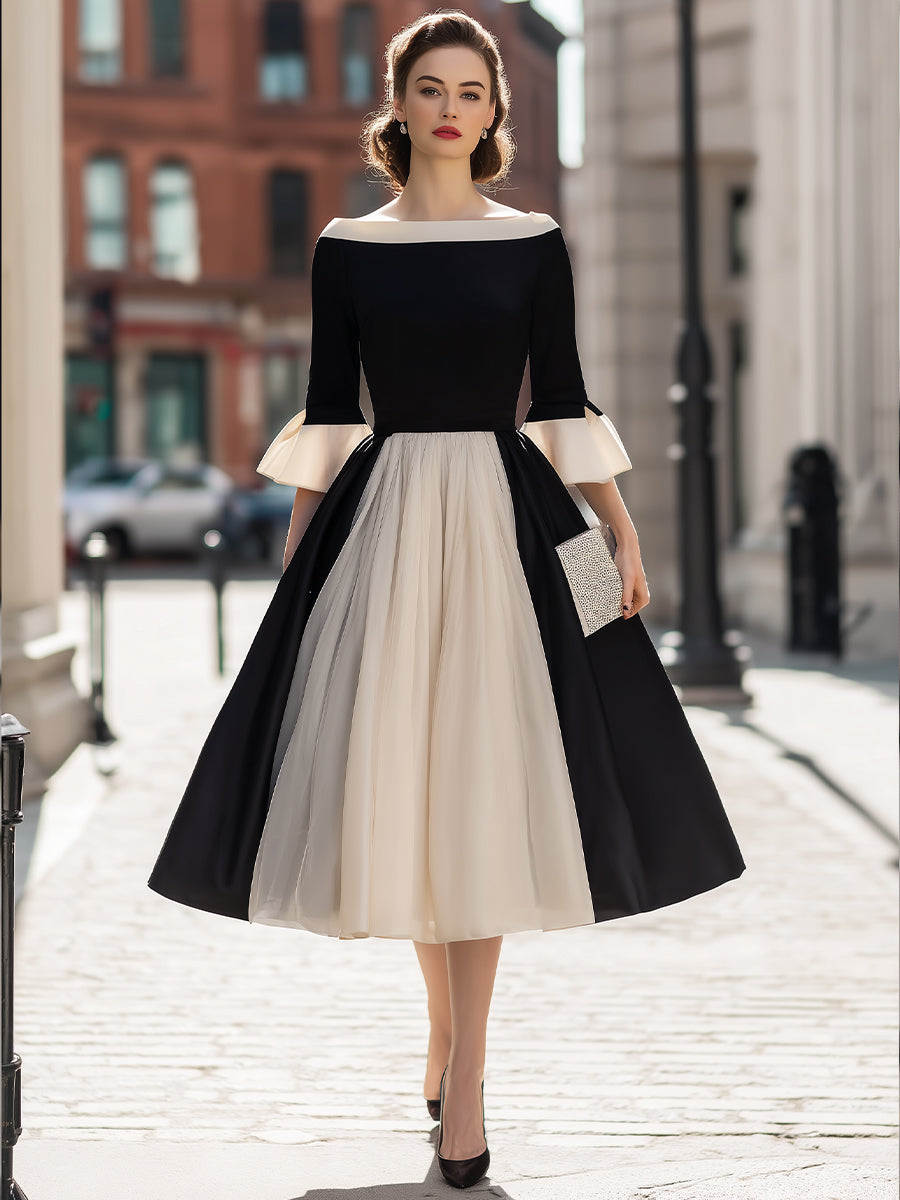 Off-Shoulder Contrast Panel Flared Midi Dress