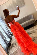 Gorgeous A Line Scoop Neck Orange Chiffon Tiered Prom Dress with Slit