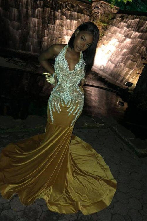 Stunning Yellow Halter Neck Mermaid Prom Dress Waist Skimming With Appliques