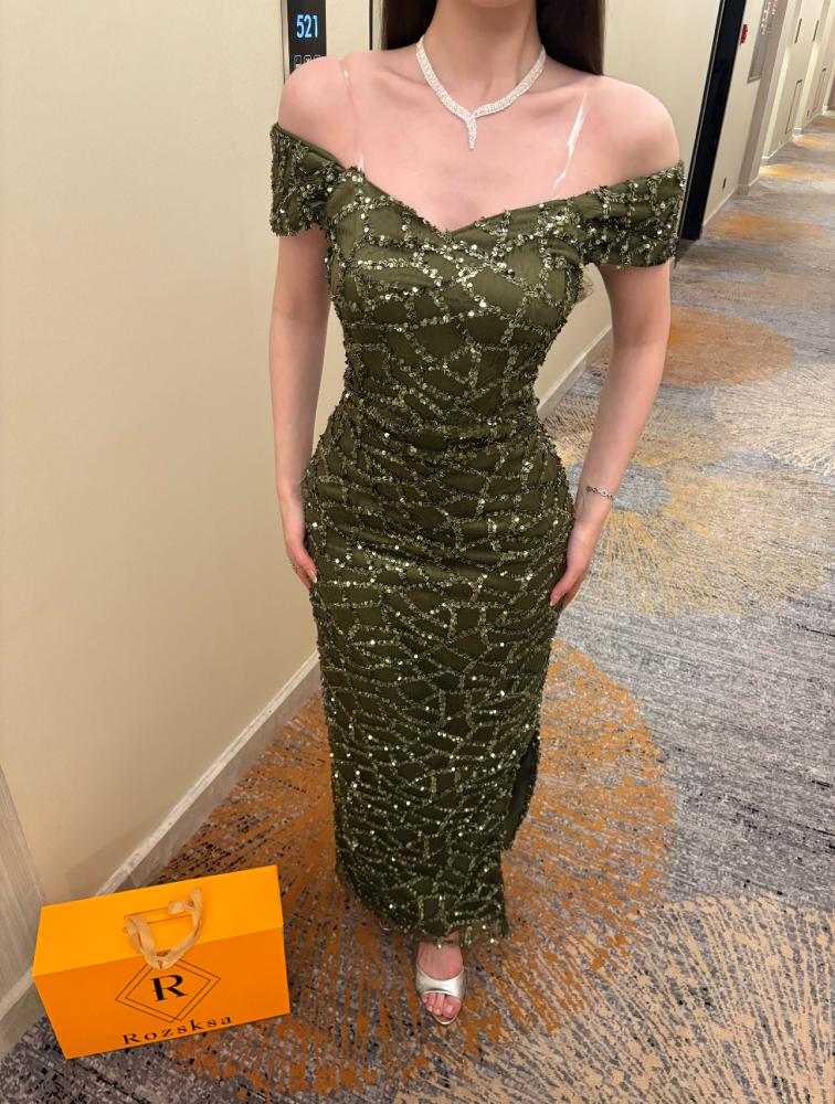 Green Sequins Sparkle Off the Shoulder Sleeveless Mermaid Side Evening Dress Ankle-Length